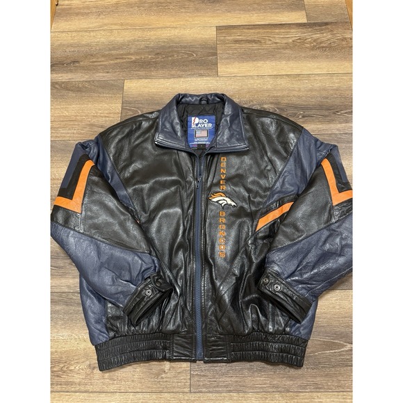 Vintage 90s Men's Size Large Pro Layer Denver Broncos Leather Jacket Coat Black - Picture 1 of 9